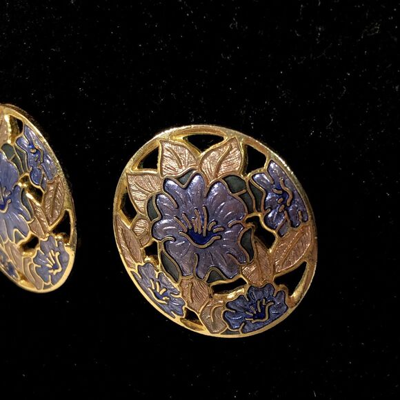 Retro Enamel Purple Earrings Gold Flower Circle Pierced Cutouts, Fish and Crown - Picture 4 of 8